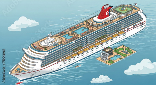 Aerial view of a cruise ship sailing on blue water, showcasing luxury travel and vacation, perfect for tourism and leisure visuals