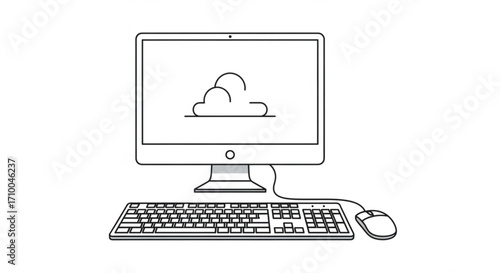 Desktop computer with cloud storage symbol on screen monitor, keyboard and mouse in a line art style