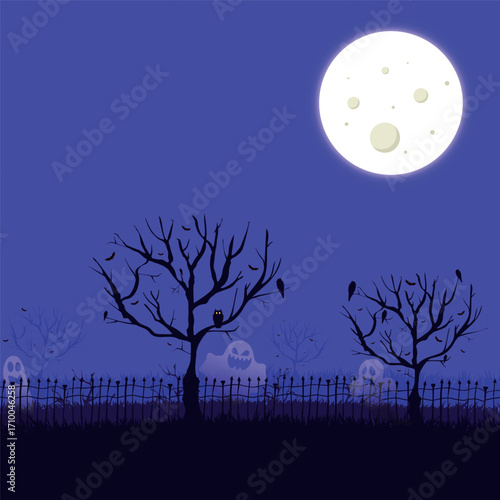 Scary gloomy night abandoned cemetery in the light of the moon - Illustration