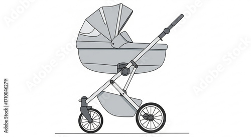 A gray baby stroller with a hood and basket, , perfect for transporting your little one in style and comfort