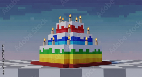 Minecraft style birthday cake with candle on top pixelated cake with rainbow layer and candle