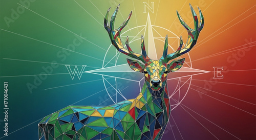 A colorful geometric deer with a compass background, creating a unique and artistic design, perfect for nature and adventure enthusiasts