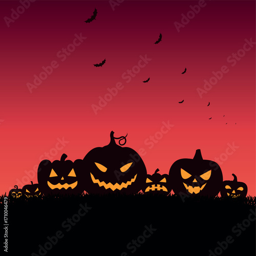 Holiday pumpkins in honor of halloween against the background of the night sky - illustration