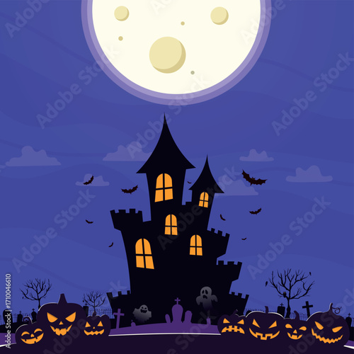 Scary gloomy night abandoned cemetery on the background of the castle - illustration