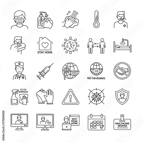 Collection of line icons depicting various COVID-19 prevention measures and health related topics.