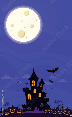 Scary gloomy night abandoned cemetery on the background of the castle - illustration