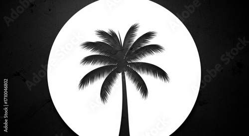 A striking monochrome silhouette of a palm tree against a bright moon, evoking a sense of tropical night, mystery, and serene island escape
