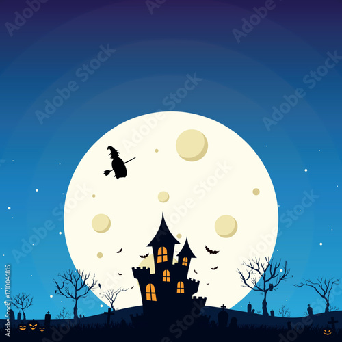 Scary gloomy night abandoned cemetery on the background of the castle - illustration