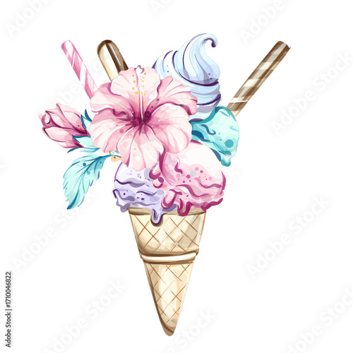 Bright summer delights come together in a whimsical ice cream cone filled with tropical flavors, flowers, and nostalgic treats, perfect for any beach getaway or festive celebration
