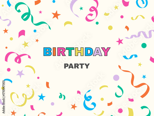 Birthday celebration illustration. Confetti explosion frame. Party event background. Cute playful baby child invitation template. Flat design