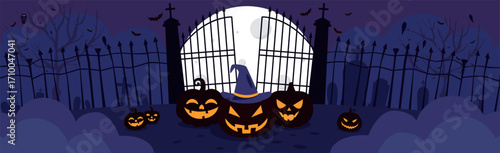 Scary gloomy night abandoned cemetery on the background of the moon - Vector illustration