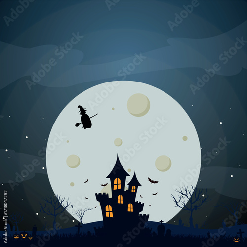Scary gloomy night abandoned cemetery on the background of the moon - Vector illustration