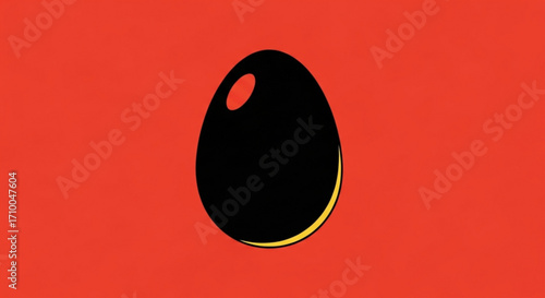 A black egg with a golden outline on a red background, a simple and striking design with a modern and minimalist aesthetic