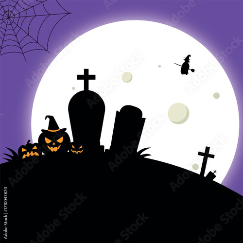 Scary gloomy night abandoned cemetery on the background of the castle - illustration