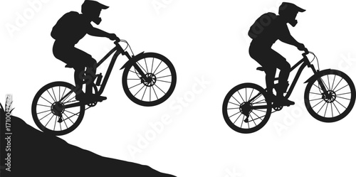 Silhouettes of mountain bikers performing jumps against a bright background