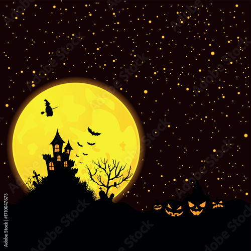 Scary gloomy night abandoned cemetery on the background of the castle - illustration