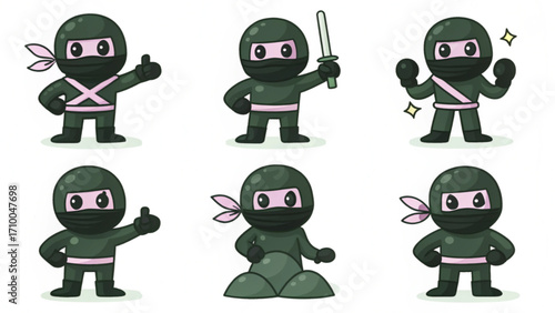 A collection of six cartoon ninja characters in various poses and actions on a white background surface silhouette