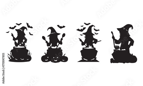 Four silhouetted witches with bats and broomsticks isolated on white background