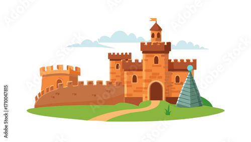 Cartoon medieval castle illustration vector graphic design for game asset and fairy tale background scene use