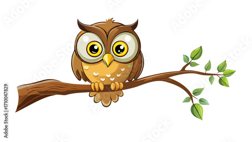 Cute cartoon owl vector illustration sitting on tree branch for kids education and creative design projects use
