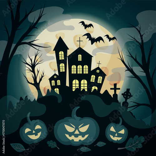 Scary gloomy night abandoned cemetery on the background of the castle - illustration