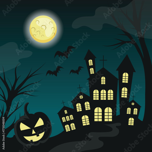 Scary gloomy night abandoned cemetery on the background of the castle - illustration