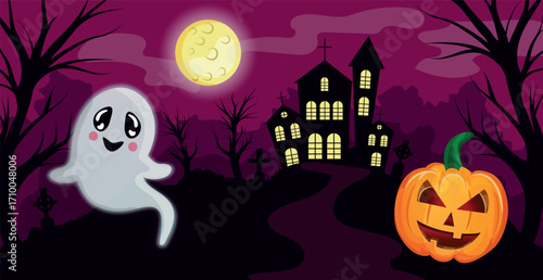 Scary gloomy night abandoned cemetery on the background of the castle - illustration