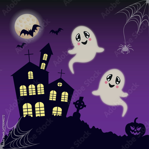 Scary gloomy night abandoned cemetery on the background of the castle - illustration