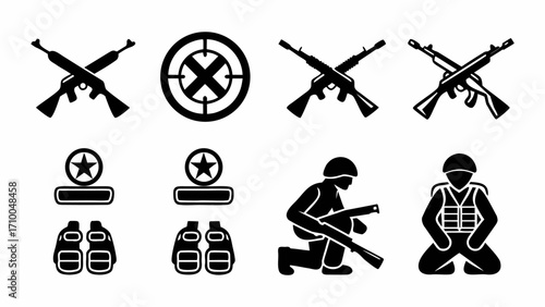 Collection of military themed icons featuring crossed rifles target symbols and soldier pictograms in black silhouette