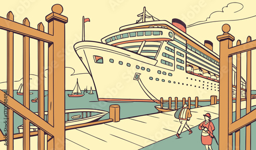 Large Cruise Ship Docked at Port Through Wooden Gates