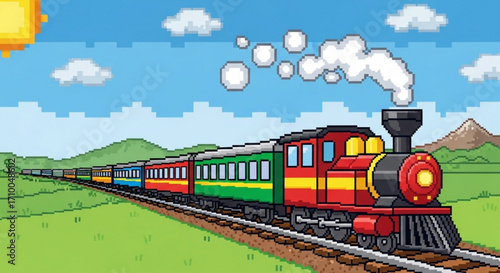 Colorful cartoon illustration of a steam train with a long line of carriages, traveling through a green landscape under a blue sky