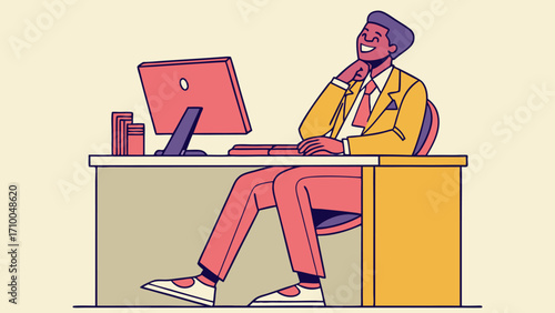 Happy businessman sitting at his desk and smiling at his computer illustration