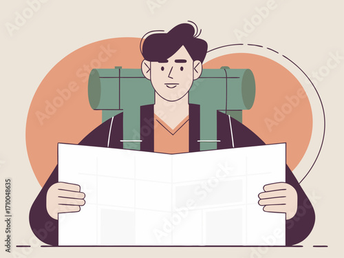Illustration of a Young man with backpack looking at a map planning his journey