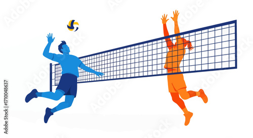 A stylized graphic captures the peak athletic moment as a blue player spikes the ball against the orange defender's determined block at the net. Vector Illustration.