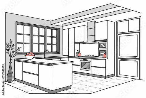 Modern minimalist kitchen interior design sketch with island and appliances