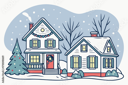 illustration of a cozy snow covered houses decorated for christmas and winter holidays 