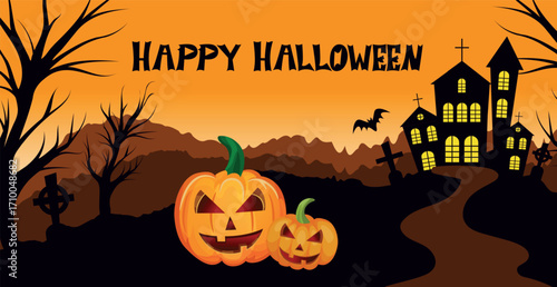 Scary gloomy night abandoned cemetery on the background of the castle - illustration