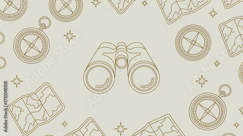 A pattern with binoculars compasses maps and stars in a simple line drawing style on a light background