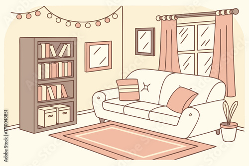 Cozy living room scene with sofa bookshelf and string lights vector illustration