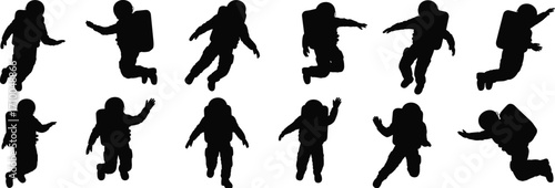 Astronaut silhouette illustrations, space exploration icons, black and white clipart, zero gravity poses, sci-fi bundle set, vector pack