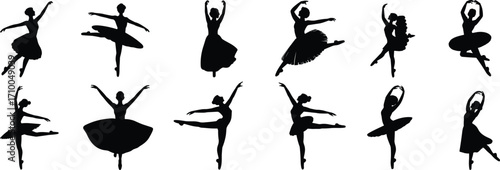 Ballet dancer silhouette illustrations, classical dance poses, black and white clipart, expressive movement, elegant posture, performance bundle set, vector pack