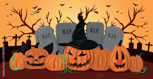 Scary gloomy night abandoned cemetery on the background of the castle - illustration