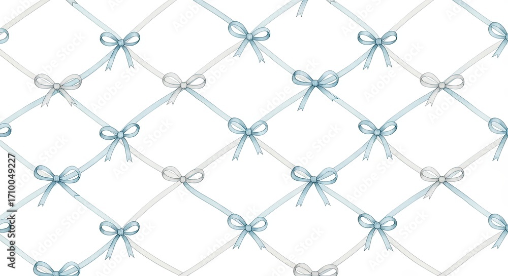 Naklejka premium Delicate seamless pattern of light blue and silver bows on a white background creating a diamond lattice effect