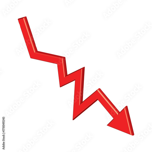 Red 3d glossy arrow going down stock icon on white background. Bankruptcy, financial market crash icon for your web site design, logo, app, UI. graph chart downtrend symbol.chart going down sign.