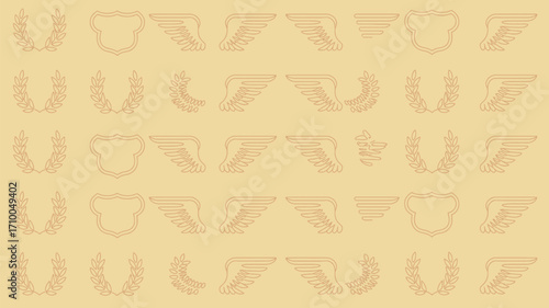 A repeating pattern of laurel wreaths shields and winged designs on a light yellow background surface texture
