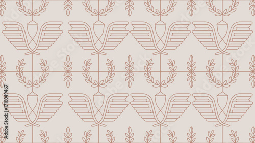 Repeating pattern with stylized wings and laurel wreaths on a light beige background in a tile format