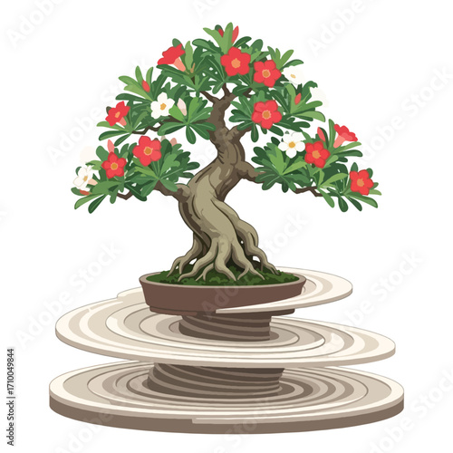 A beautifully illustrated flowering bonsai tree with red and white blossoms in a pot on a stylized zen garden stand.