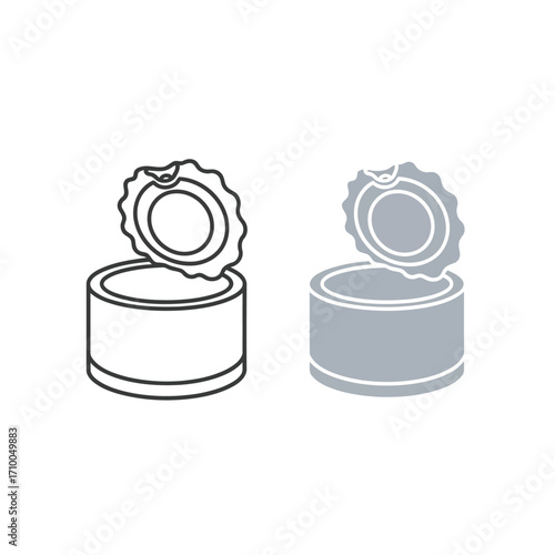 Vector art of simple illustration of an open tin can, presented in both line art and solid fill styles