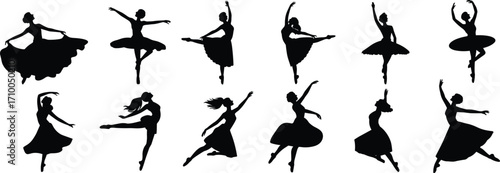 Ballet dancer silhouette illustrations, classical dance poses, black and white clipart, expressive movement, graceful posture, performance bundle set, vector pack