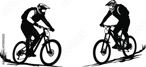 Two mountain bikers riding together depicted in a black and white sketch